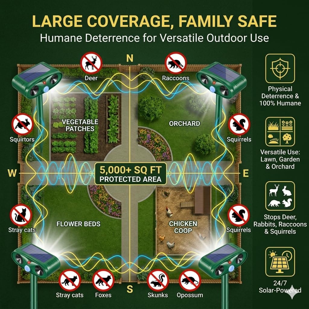 2026 Upgraded Sonic Fortress Pro Deer Repellent Devices,Waterproof Solar Ultrasonic Animal Repellent Outdoor with Motion Activated Cat Squirrel Rabbit Raccoon Deterrent for Yard Lawn Garden,2Pack