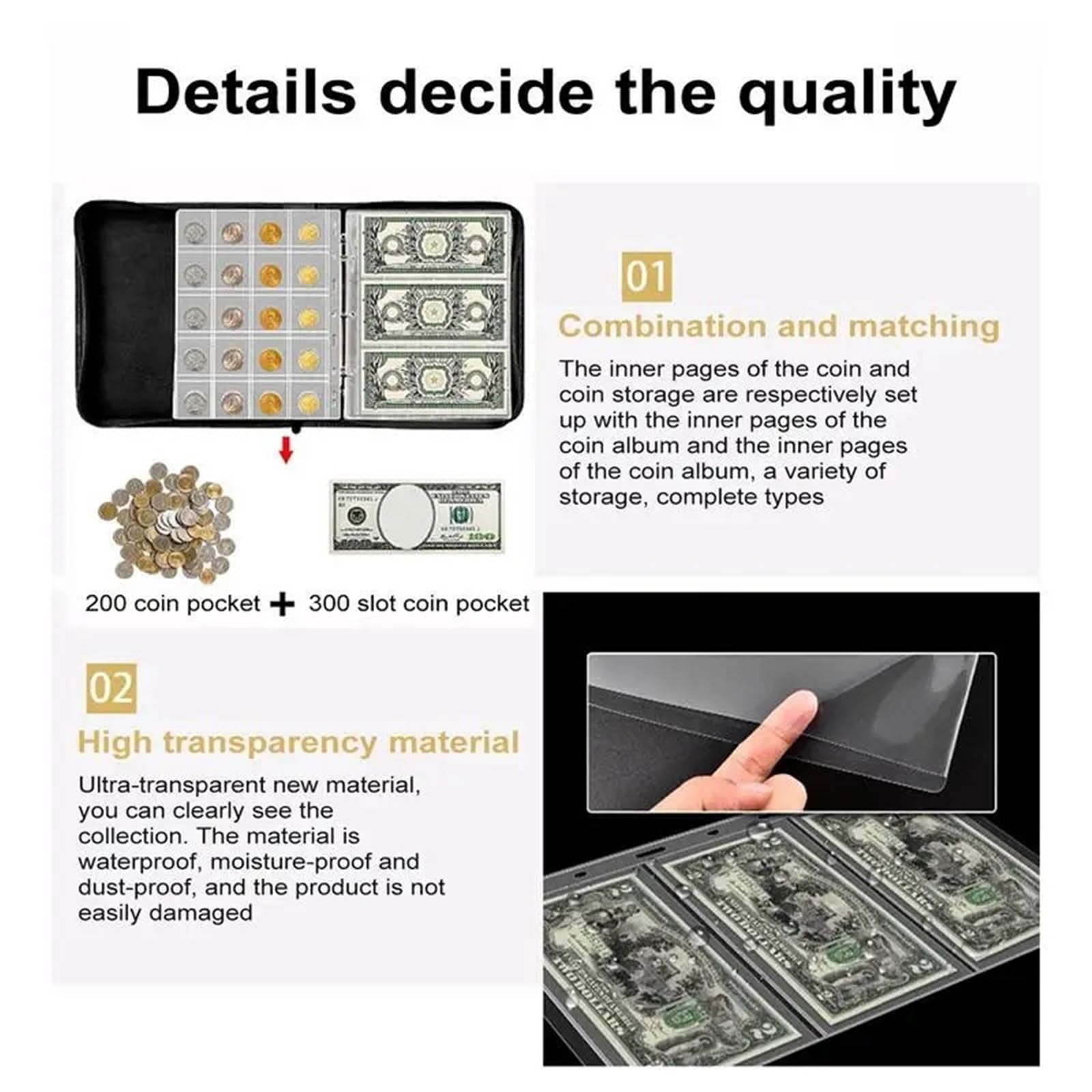 Album Monedas Portable Coin Collection Set 200 30 Paper Money Panels PVC Transparent Philatelic Book Album with Zipper Protection(Black Set)