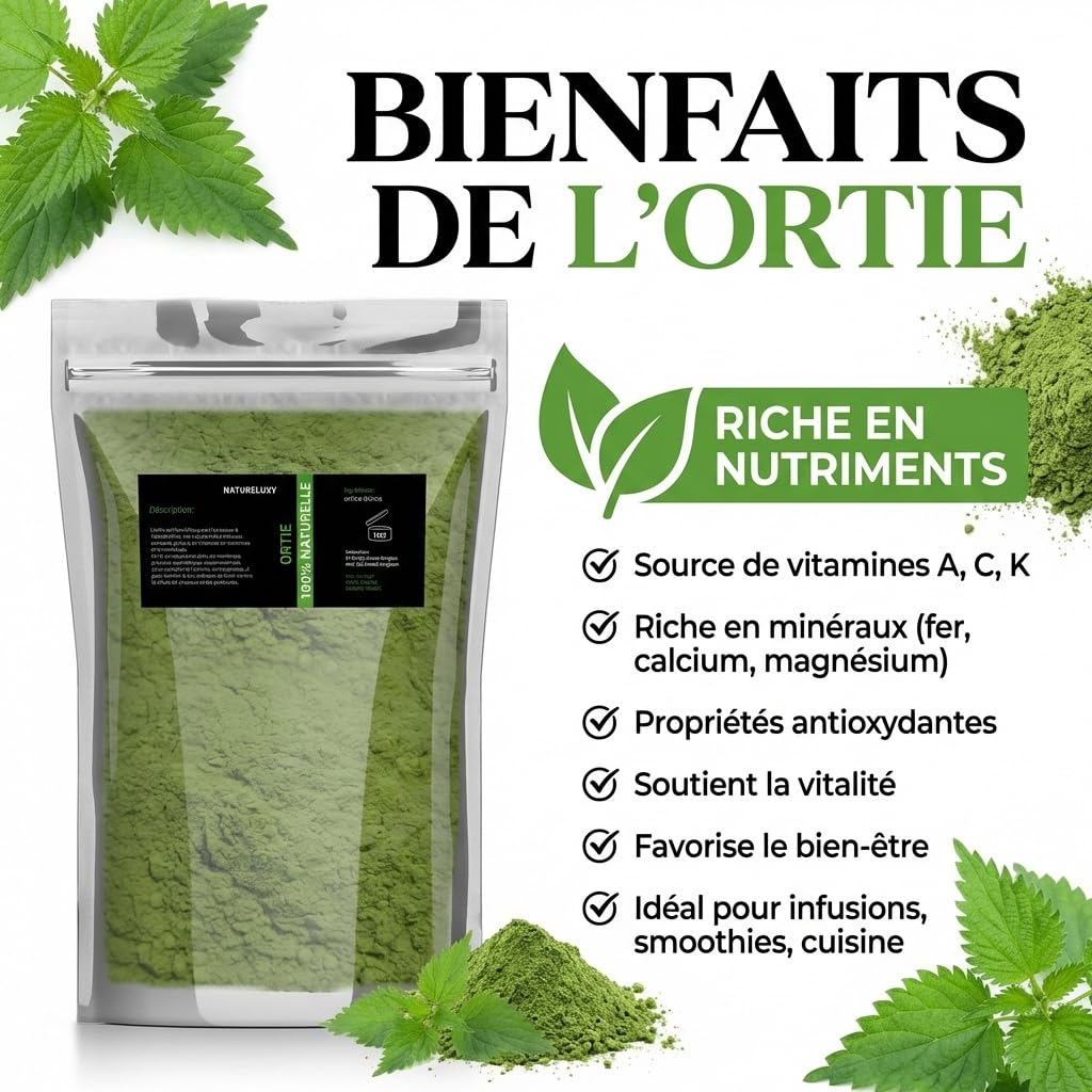 Poudre d’Ortie Séchée et Moulue – 1kg | Feuilles 100% Naturelles | Infusions, Cuisine & Soins Capillaires