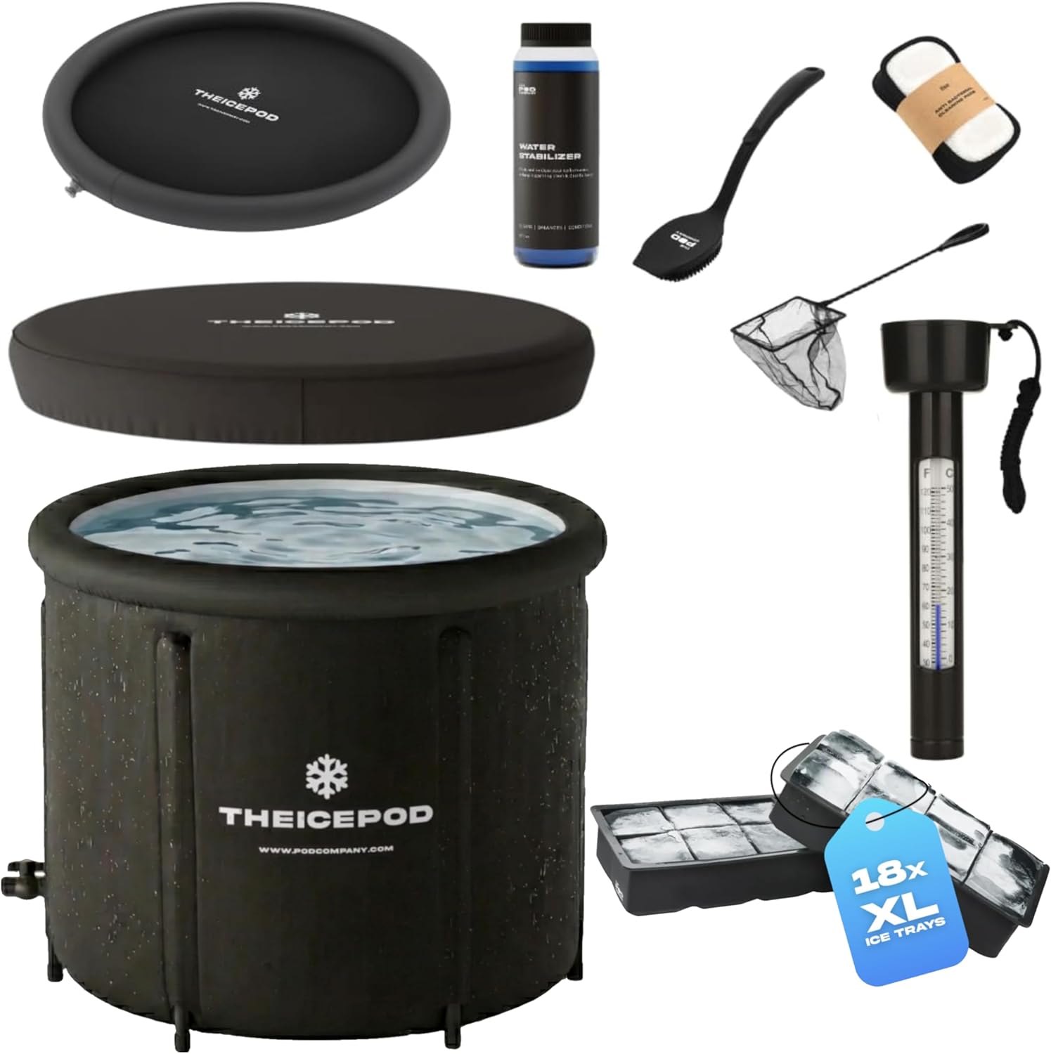 The Pod Company – The Original Ice Pod 84-Gallon Ice Bath Bundle – Portable Cold Plunge Tub with Insulated Lid, Thermometer, Water Stabilizer, 12 Ice Bricks & Cleaning Kit for Recovery & Wellness