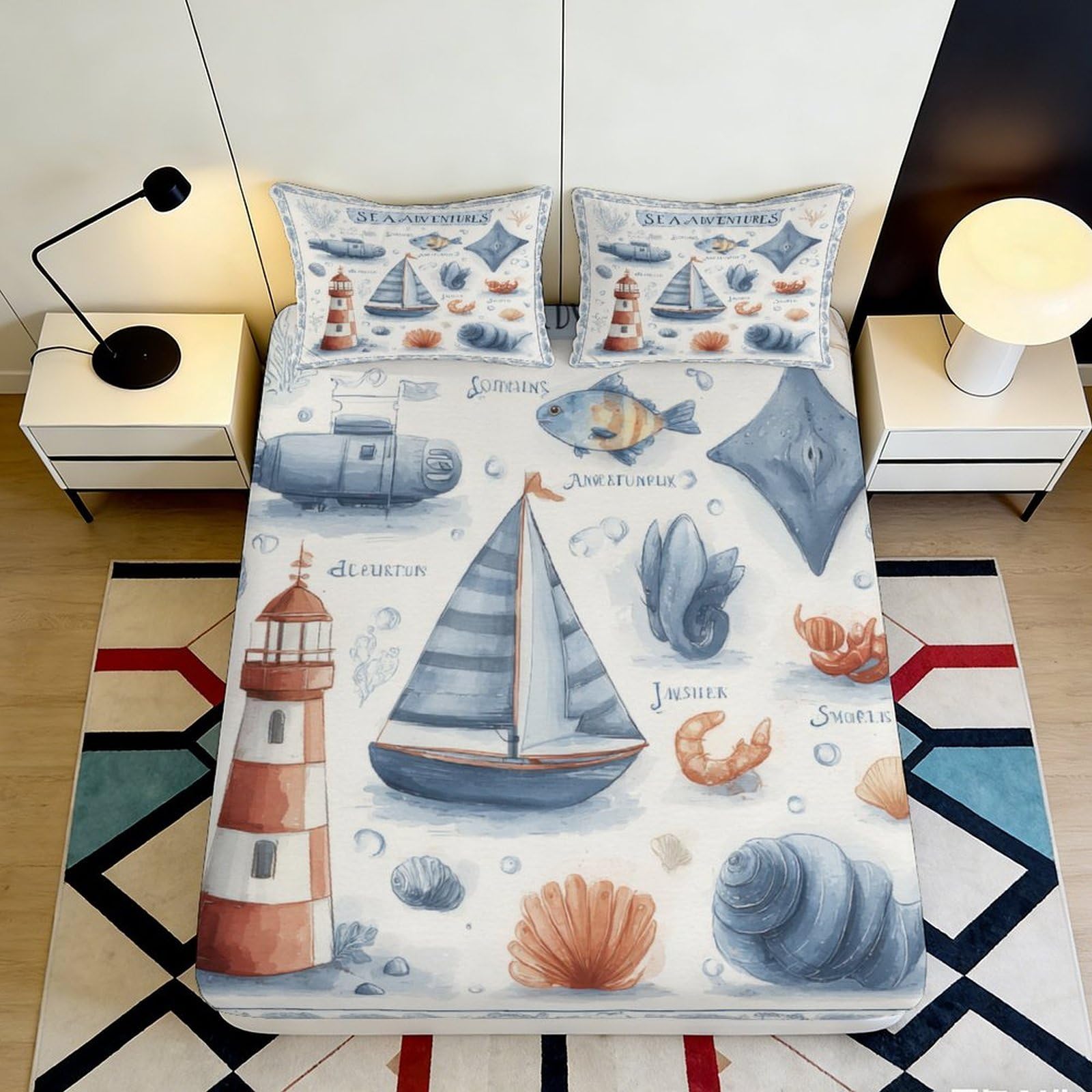 Pnayamiorkfel Style-2 3D Printed Nautical Lighthouse Fitted Sheet Microfiber Soft Ocean Adventure Mattress Cover Bedroom Guest Room Decor 90X200x25cm