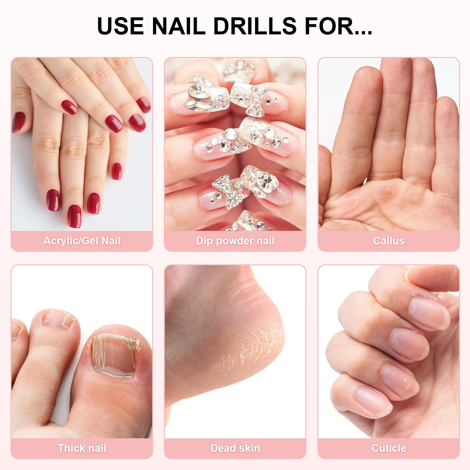 Perceuse à ongles électrique sans fil pour ongles en acrylique, rechargeable et portable avec max 20 000 tr/min, kit 12 en 1 lime à ongles électrique pour débutant et professionnel (rose)