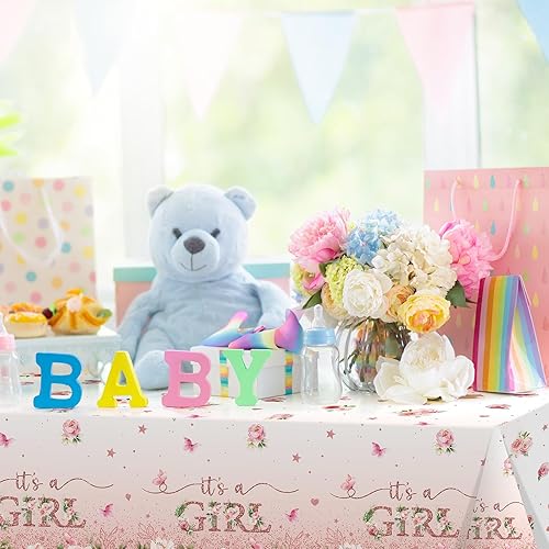 Miniatura 5 de Paquete de 3 manteles florales para baby shower, decoración de baby shower, decoración de fiesta de nacimiento con flores rosas para niñas, mantel