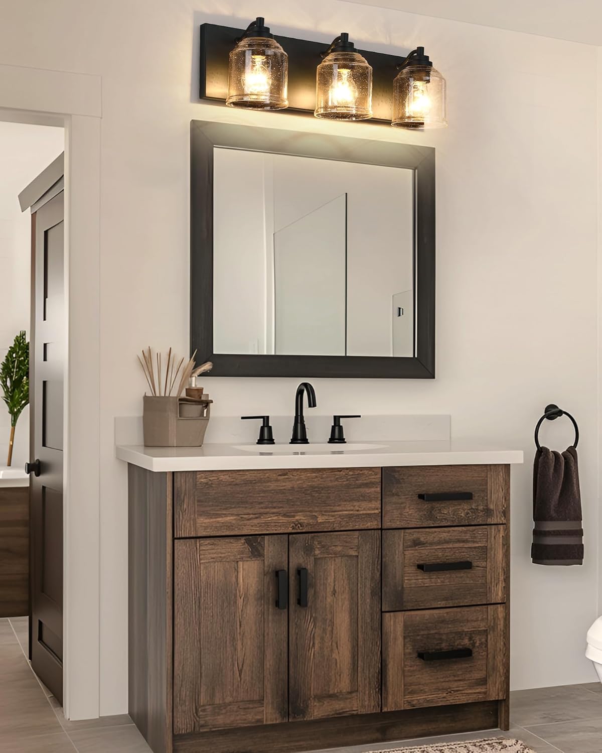 Vanity Lights for Bathroom Large 23", Farmhouse Rustic Vanity Light with Bubble Glass Shades, Black 3 Light Bathroom Lighting Fixtures Over Mirror, Bath Wall Sconce Home Decor