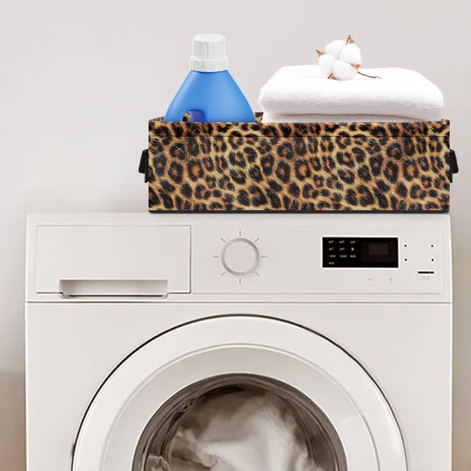 Narrow Storage Bin Toilet Tank Topper Baskets Foldable Rectangular Fabric Organizer Bin Caddy With Handles for Towels Bathroom Essentials Small Items, Leopard Print