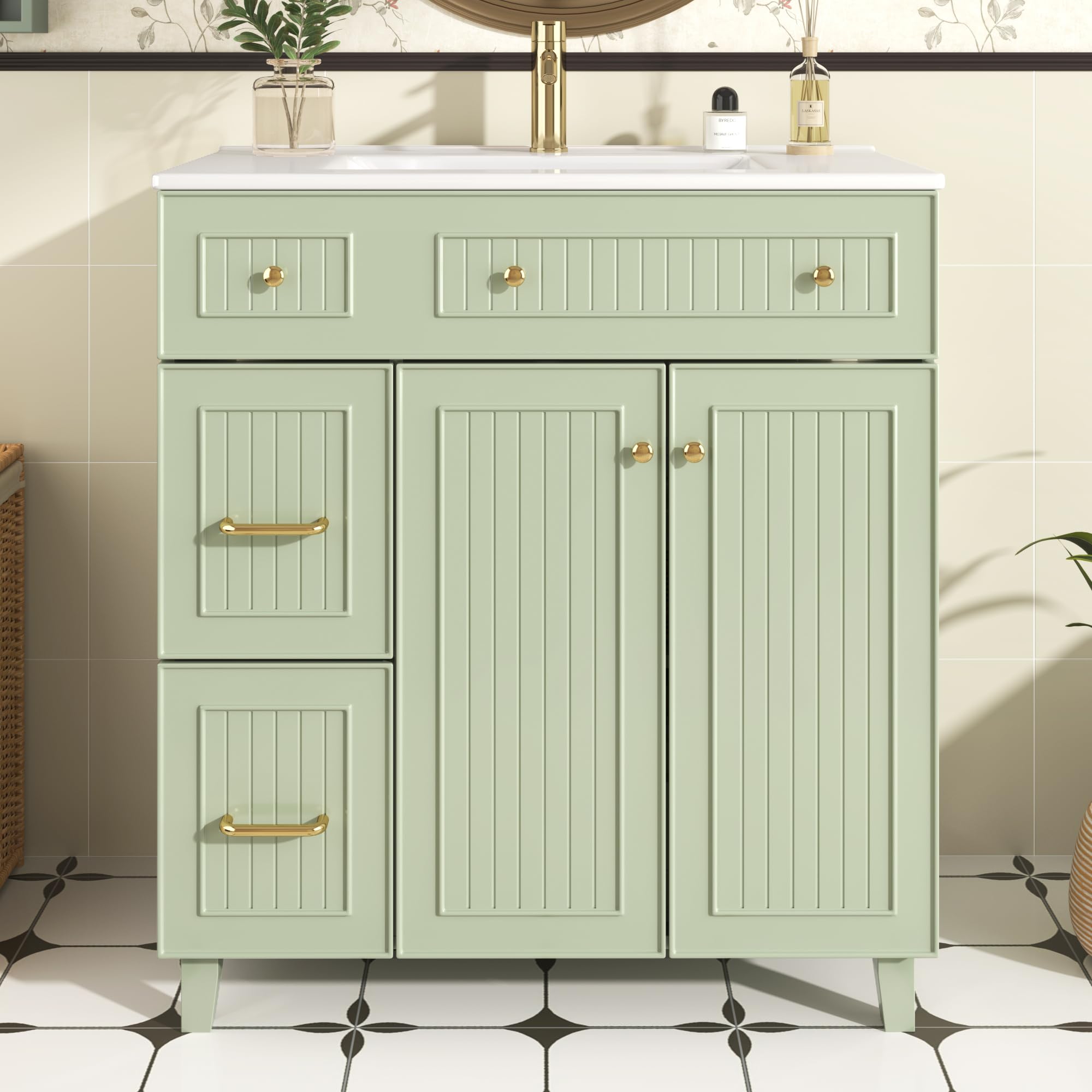 Armario de baño con lavabo, 81,7 cm, armario de baño de pie con tocador de cerámica, superficie lacada, espacio de almacenamiento multifuncional y patas de madera maciza en diseño moderno de