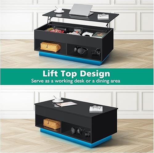 Miniatura 63 de HOMMPA Morden - Mesa de centro elevable de 40 pulgadas con almacenamiento, mesa de centro LED de alto brillo, mesa de té moderna de 3 niveles con