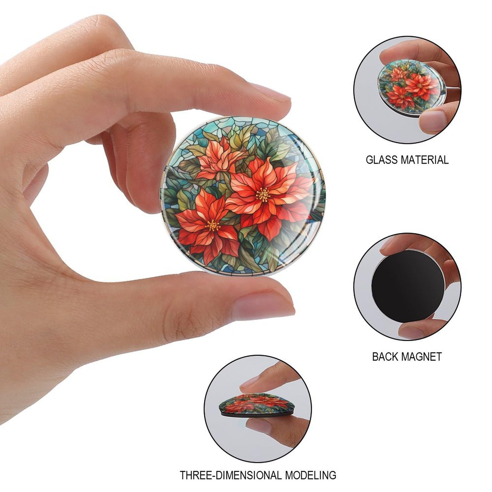 Imanes rojos florales para nevera, vitrales, bonitos imanes de invierno para vacaciones, imanes coloridos para escuela, hogar, cocina, oficina, clase, pizarras blancas, 4 piezas