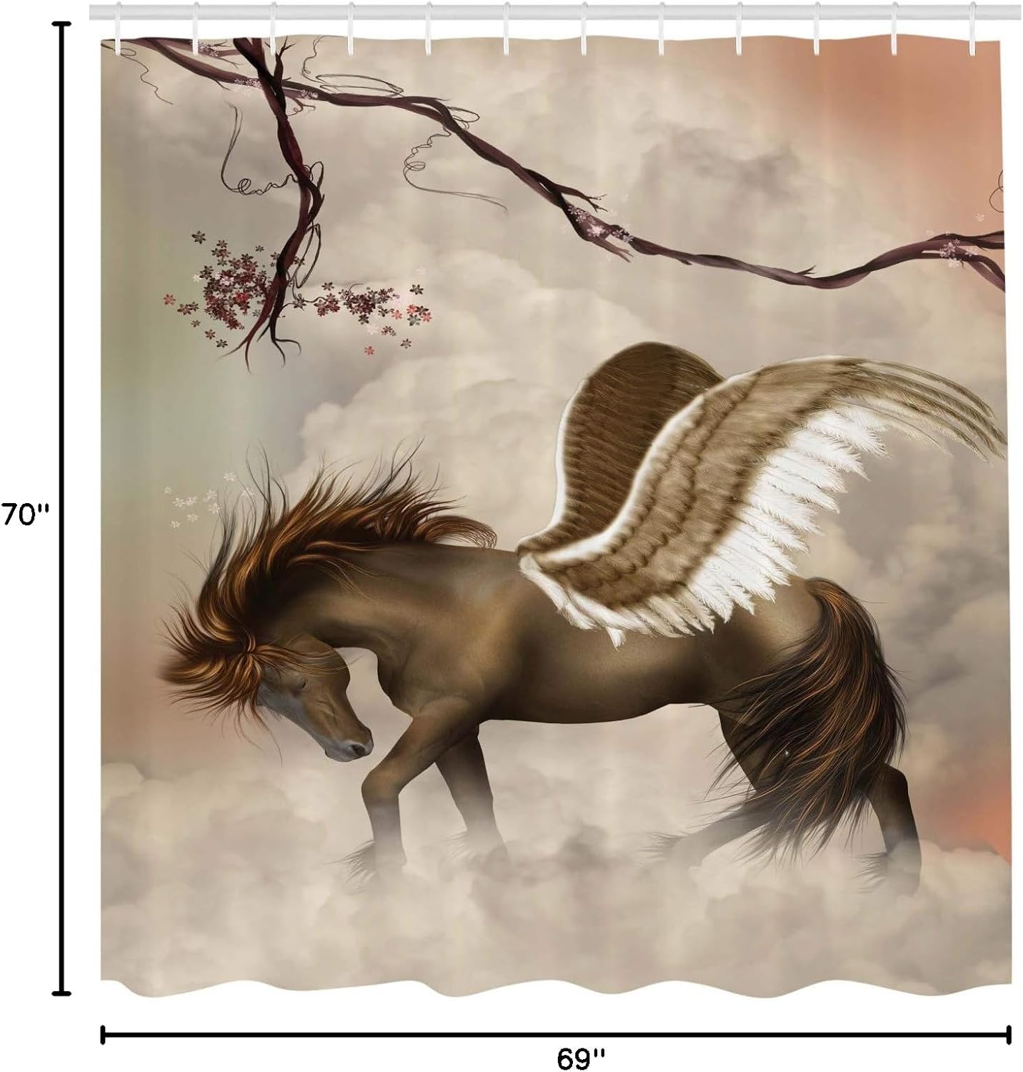 Ambesonne Mystic Shower Curtain, Huge Winged of Pegasus Creature Over The Clouds in The Sky Branches and Blooms Scenery of an Artwork, Cloth Fabric Bathroom Set with Hooks, 69" W x 70" L, Beige Brown