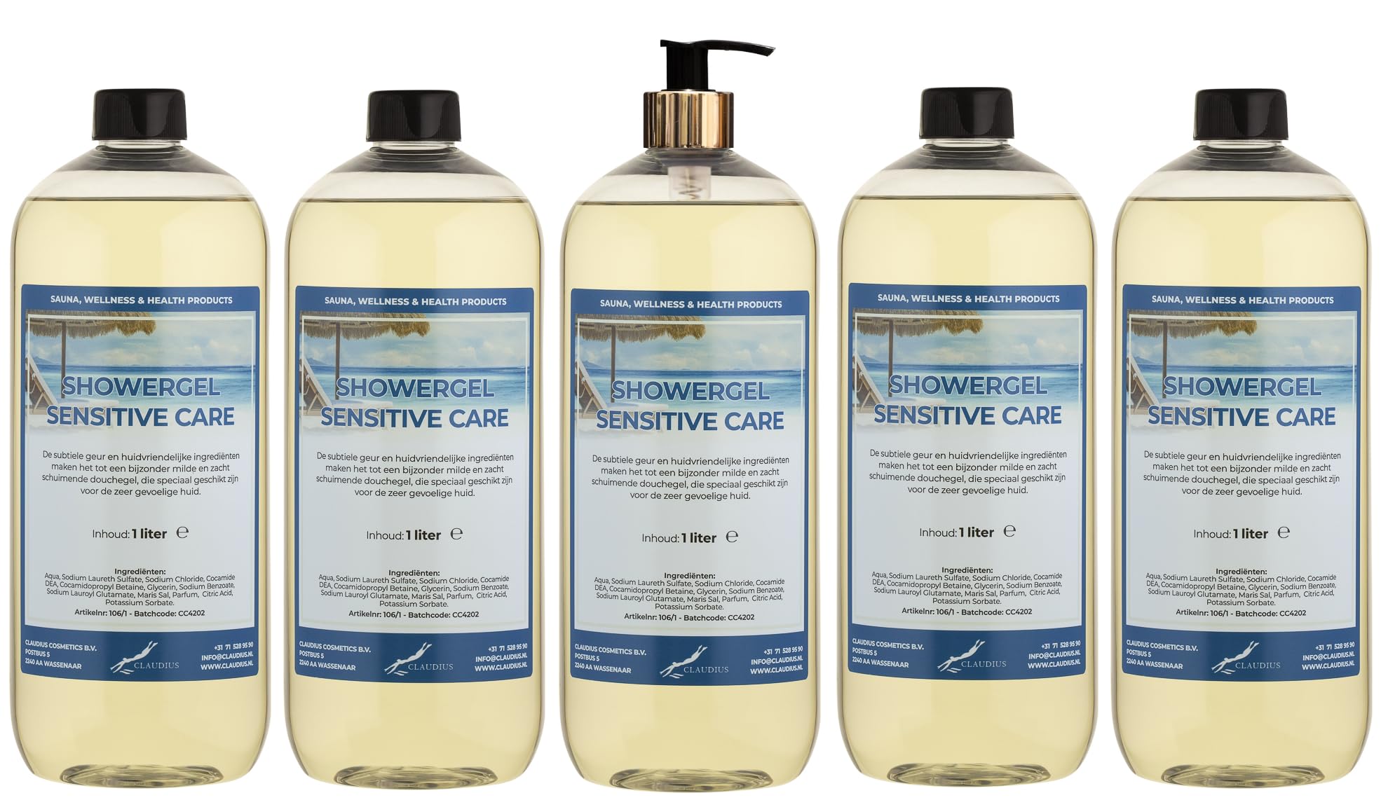 Duschgel Sensitive Care 5 x 1 Liter mit goldener Pumpe (transparent) | Pumpflasche, 1000 ml Inhalt