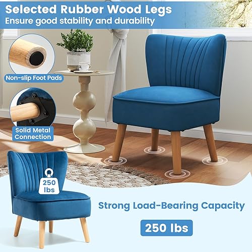 Miniatura 7 de KOMFOTT Silla decorativa de terciopelo, moderna silla de sofá sin brazos con patas de madera de goma maciza, silla de ocio con respaldo de ala con