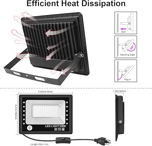 Miniatura 5 de Paquete de 2 luces negras de 100 W, reflector LED con interruptor y enchufe, luz negra impermeable IP66 para decoración de Halloween, fiesta de