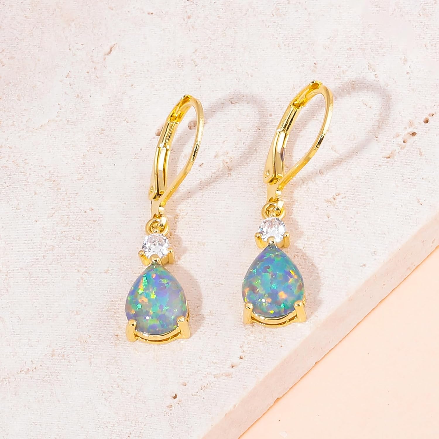 CiNily Leverback Opal Dangle Drop Earrings For Women Girls 14K Gold Plated Teardrop Earrings