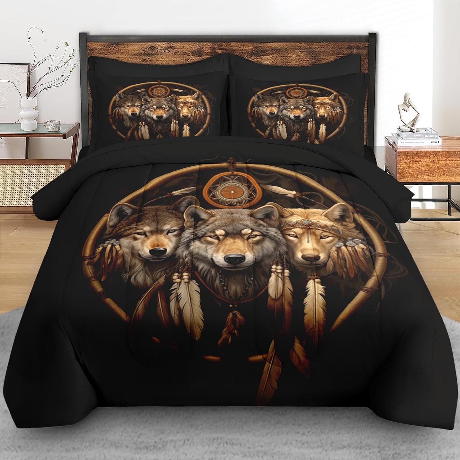 Pamnest Comforter Set Queen Size, Black Tribal Wolf 7 Pcs Bedding for Kids and Adults, Feather Dreamcatcher Bed Sheet Sets with Fitted Sheet 2 Pillowcases & 2 Shams for Bedroom Bed Decor