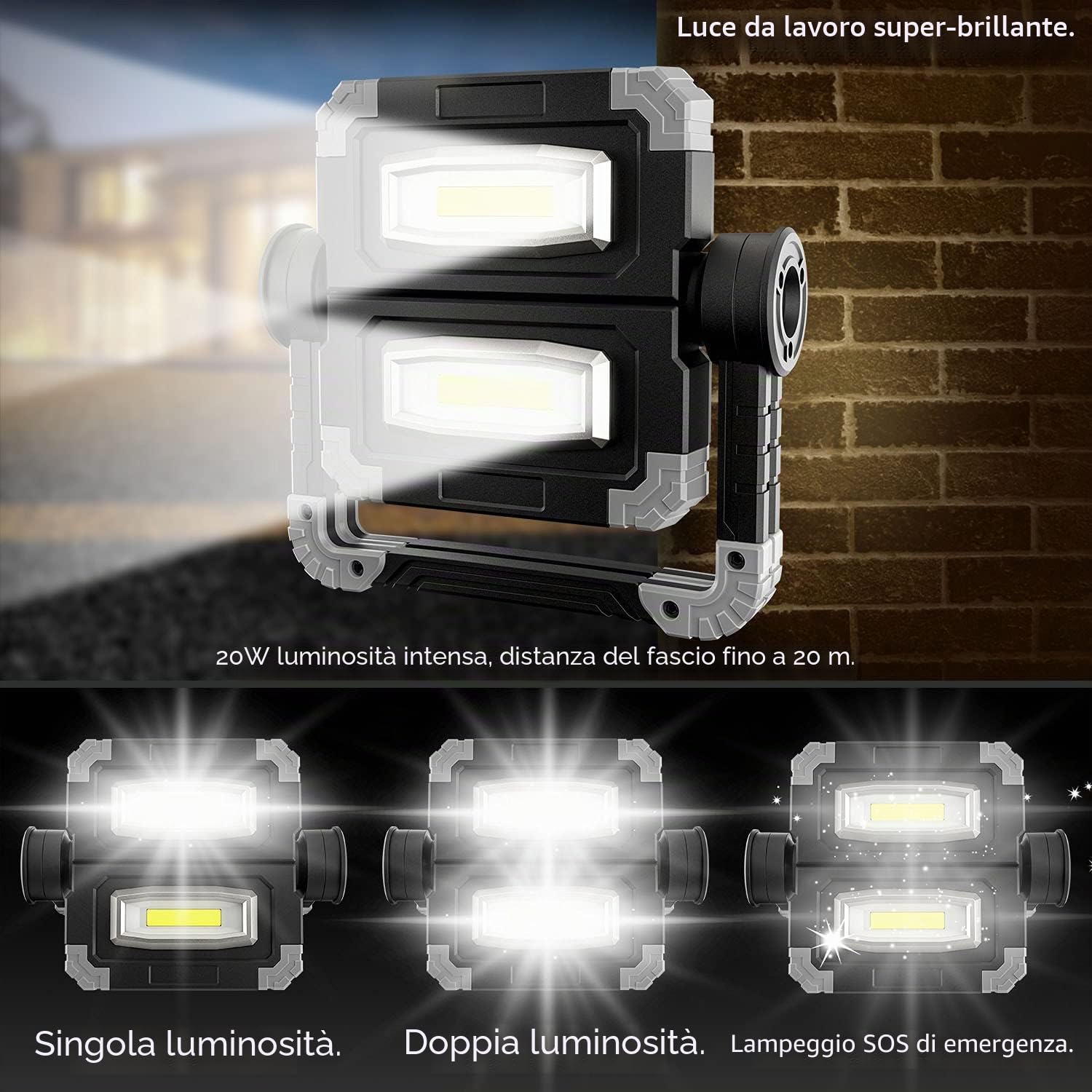 Lampada da lavoro a LED, ricaricabile 20W faretto da lavoro molto luminoso con rotazione a 360° pieghevole impermeabile per riparazione auto, campeggio