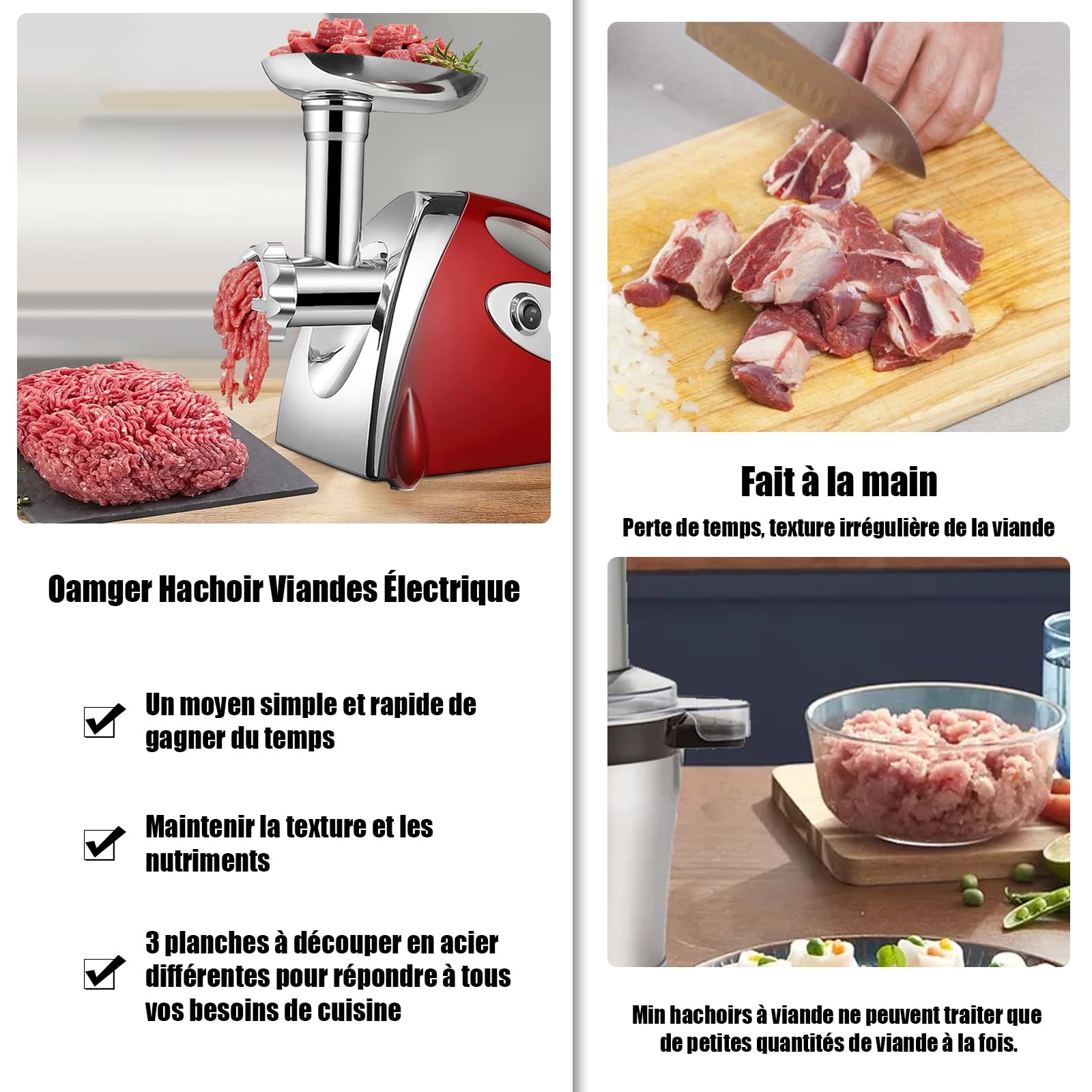 Hachoir Viandes Électrique, 2800W Hachoir Électrique, 3 en 1 Hachoir à Viande Acier Inoxydable avec 3 plaques de Broyage en Acier Inoxydable et Kubbe, Hachoir a Viande pour Légumes Saucisses (Rouge)