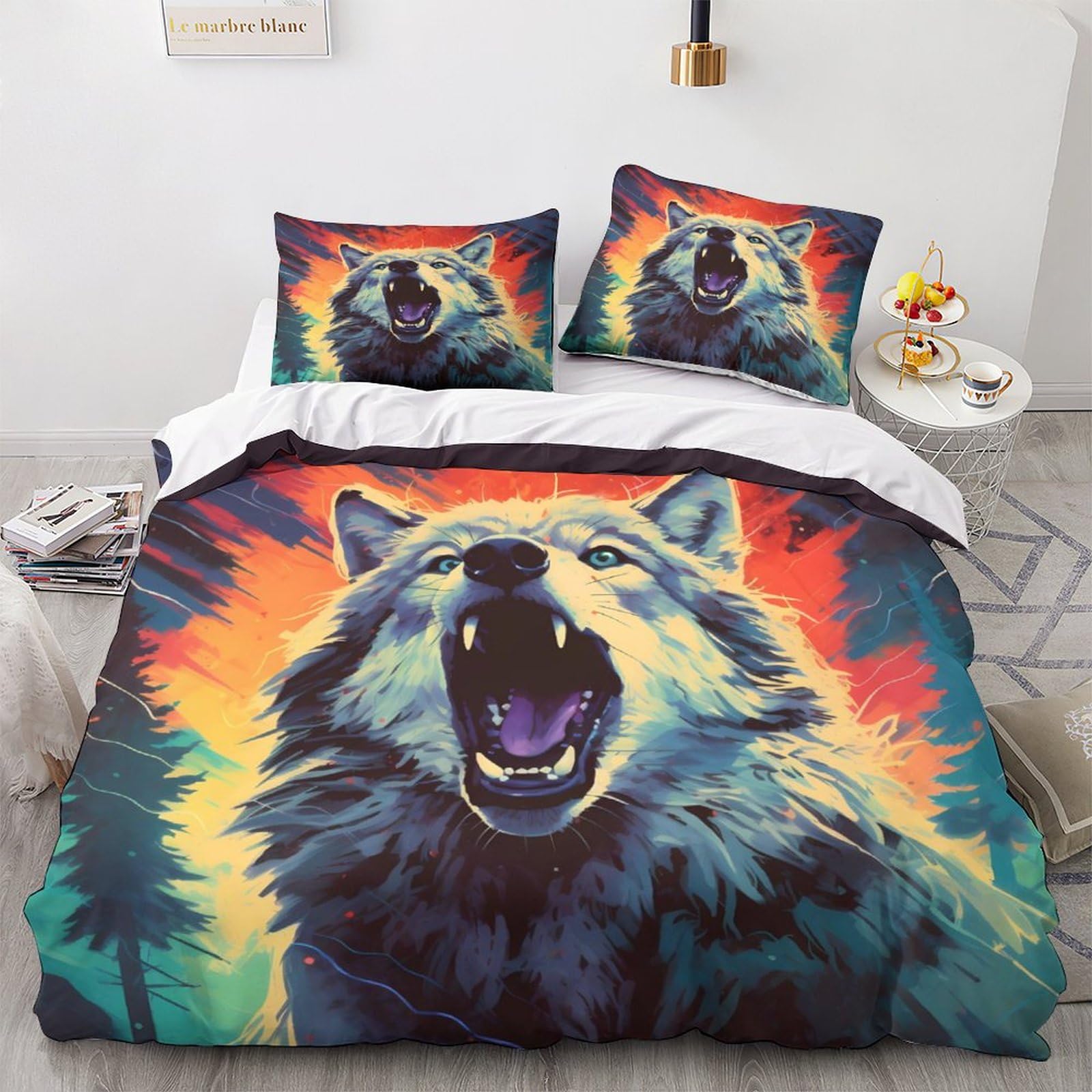 Housse de couette loup parure de lit 3 pièces imprimé animalier microfibre zippée 220x240cm