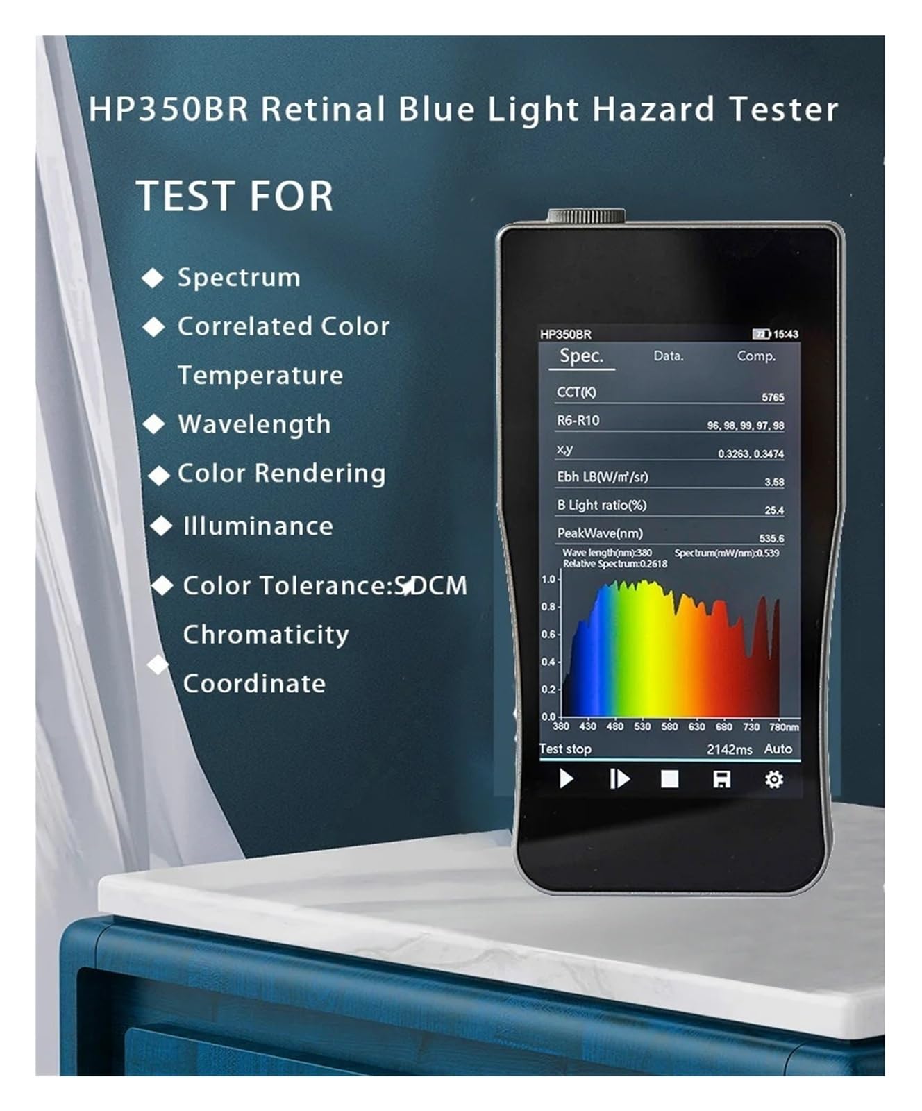 Hochpräzises Spektrometer mit Touch-Display HP350BR Handheld-Spektralbeleuchtungsmessgerät Anti-Blaulicht-Labor-Analysegeräte für Pflanzenwachstum