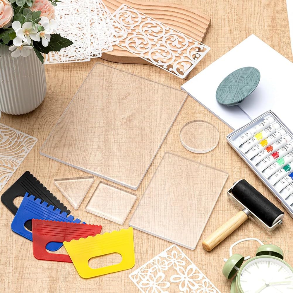 Kit de Plaques D'Impression en Gel 8'' X 10'', avec Plaque de Gélatine, Rouleau, Papier de Gravure, Peinture Acrylique et Grattoir pour la Fabrication de Cartes