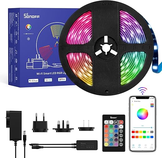 Ruban LED WiFi, SONOFF L2-5M Bande LED Lumineuse 5050 RGB IP65 Étanche avec Télécommande IR 24 Touches, 16 Millions de Couleurs, Mode Luminosité Réglable, Compatible avec Alexa/Google Home/IFTTT