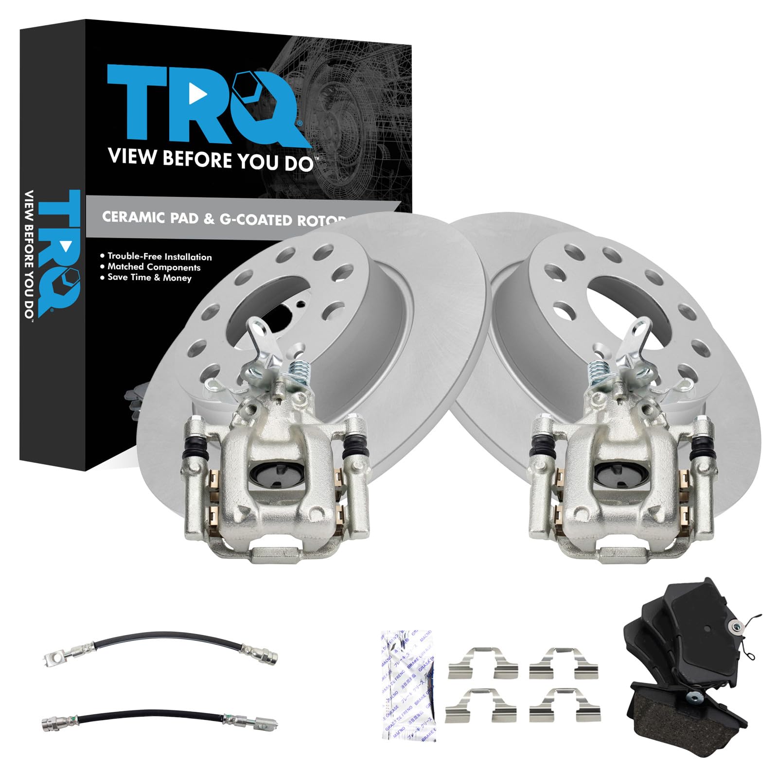 TRQ Rear Brake Pad and Rotor Set Ceramic G Coated Rotors Calipers Compatible with 2012 Volkswagen Beetle 2013 Jetta