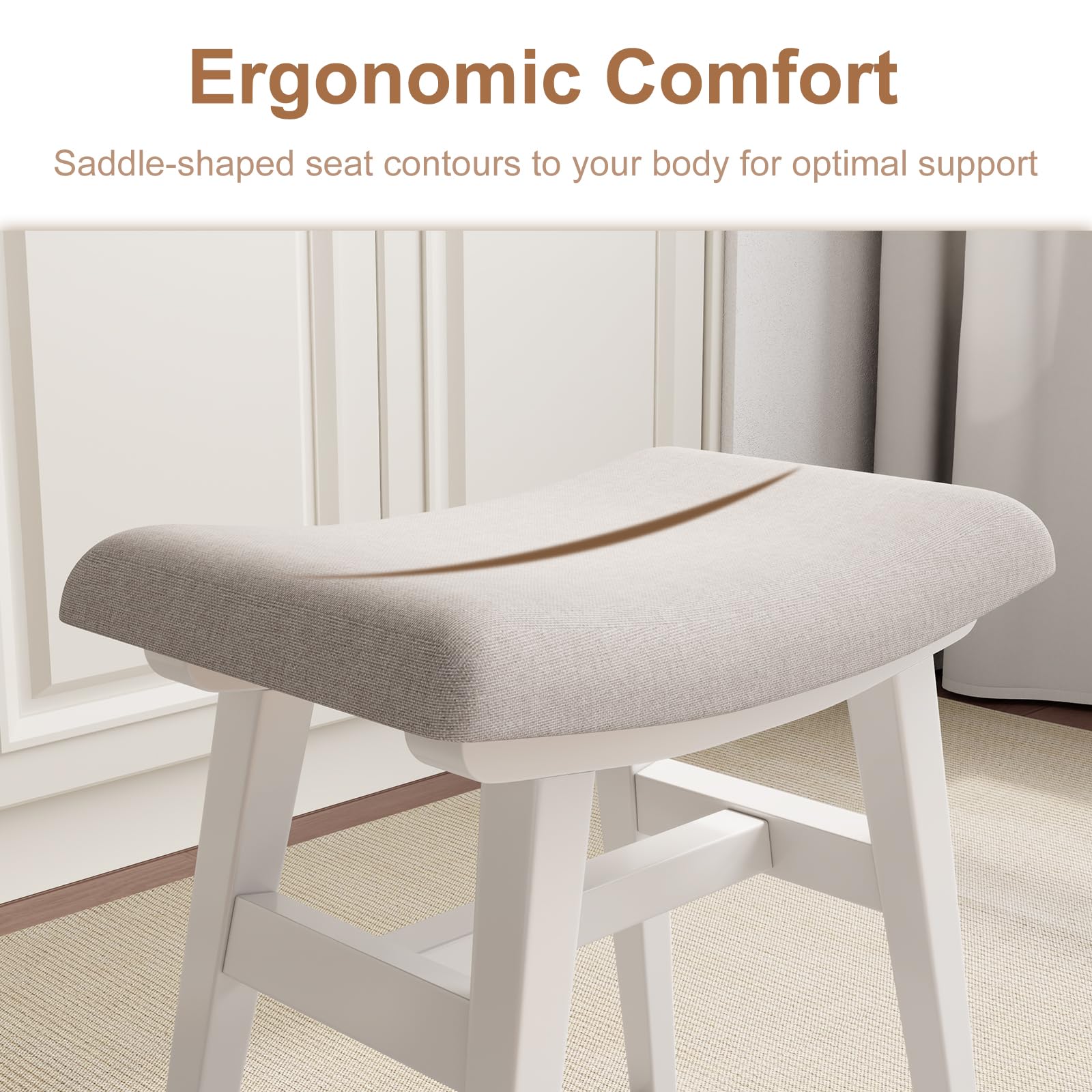 Taburete de tocador pequeño de madera maciza con cojín de sillín, asiento de esponja de alto rebote, silla de maquillaje de fácil montaje, reposapiés para dormitorio, entrada, blanco 3