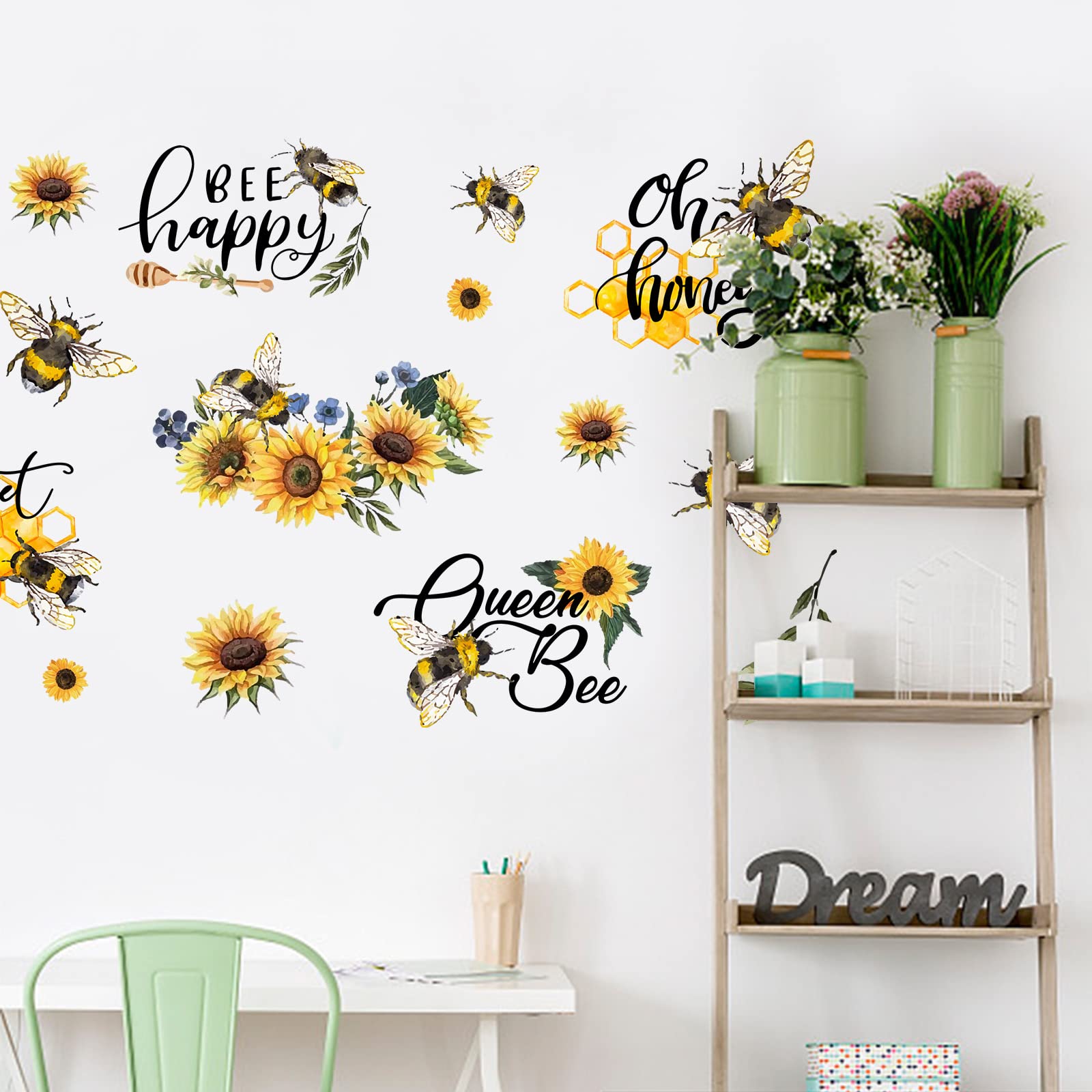 SUPERDANT Bee Sunflower Wall Stickers Bee Happy Wall Decals Inspirational Text Removable Mural Decals Insect Flower Window Clings for Kid's Room Fridge Nursery Playground Room Decorations - Image 4