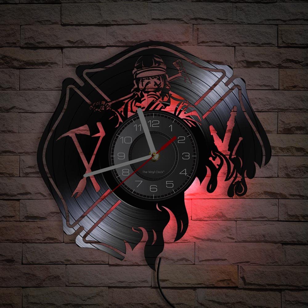 Orologio da parete in vinile, orologio analogico modello vigile del fuoco, luce notturna a LED con telecomando, decorazione da parete orologio da parete regalo!