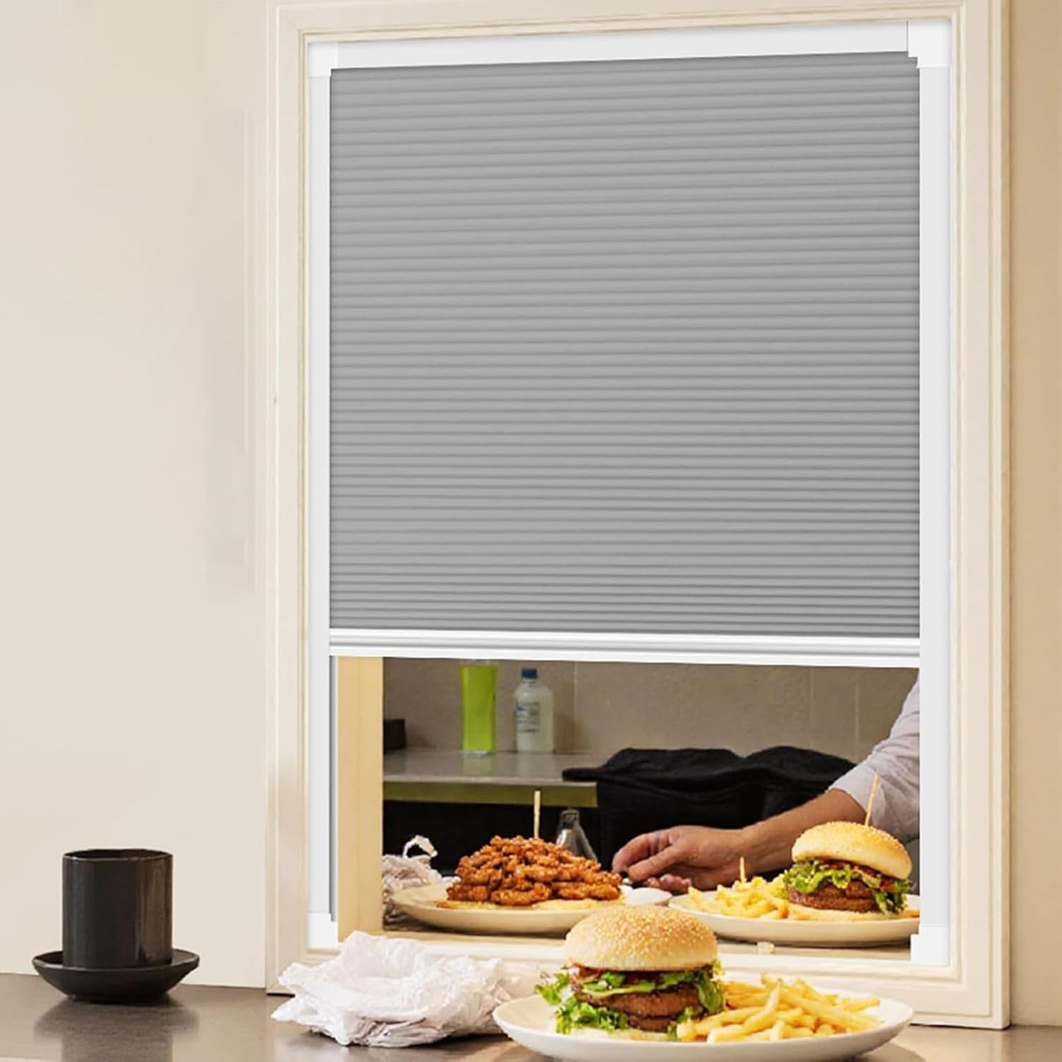 Up-Down Sliding Serving Window Door with Handle, Waterproof Honeycomb Folding Door for Food Truck and Commercial Kitchen/Small Spaces/Snack Bar(110x130cm/43.3x51.1in)
