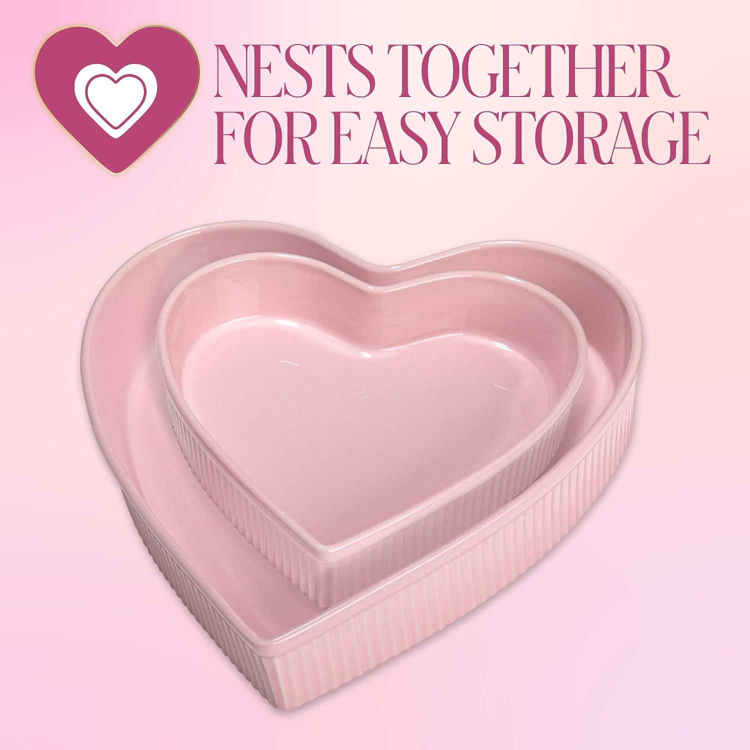 Paris Hilton Heart-Shaped Pie Dish Set, Finely Crafted 8-Inch and 10-Inch Stoneware Baking Dishes with Elegant Fluted Exterior, Nesting Design, Oven Safe up to 450°F, 2-Piece, Pink