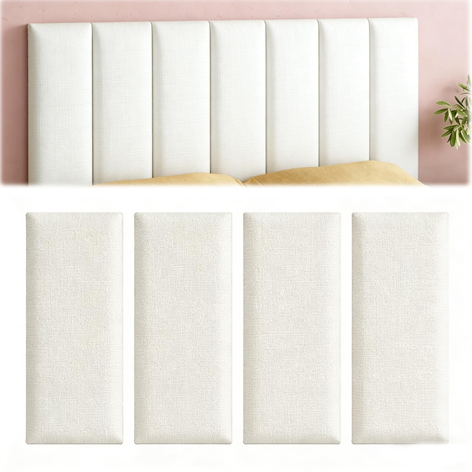 Wandpaneele Gepolsterte, 4 Stück 40x20cm Polsterplatte Selbstklebend,Deko-Wandpaneele Wandkissen Wandpolster Wanddekoration für Schlafzimmer, Kinderzimmer, Büro, Diele (Weiß)