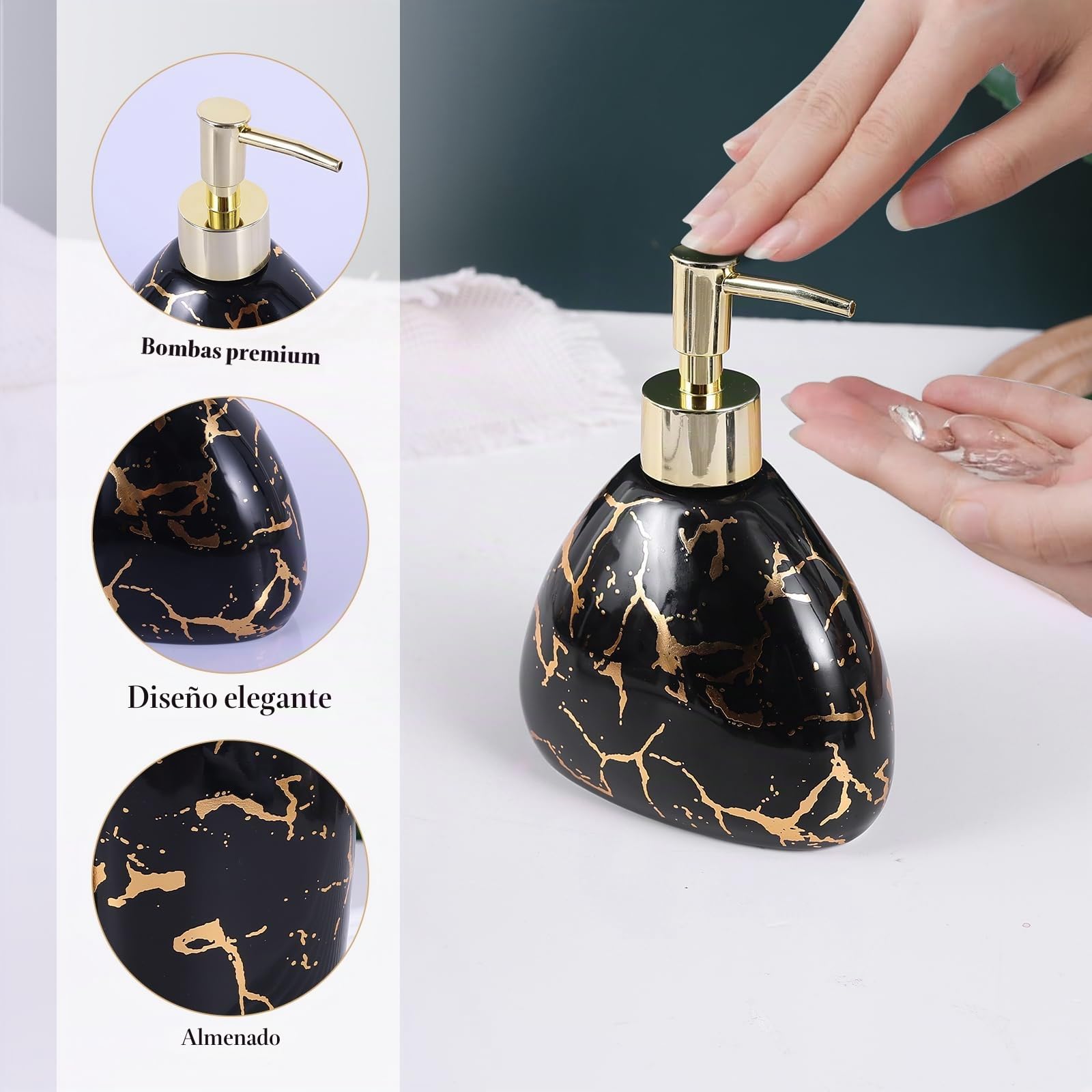Juego de accesorios de baño negro, decoración de baño con aspecto de mármol dorado, juego moderno de 6 accesorios de baño, completo con dispensador de jabón, soporte para cepillo de dientes,