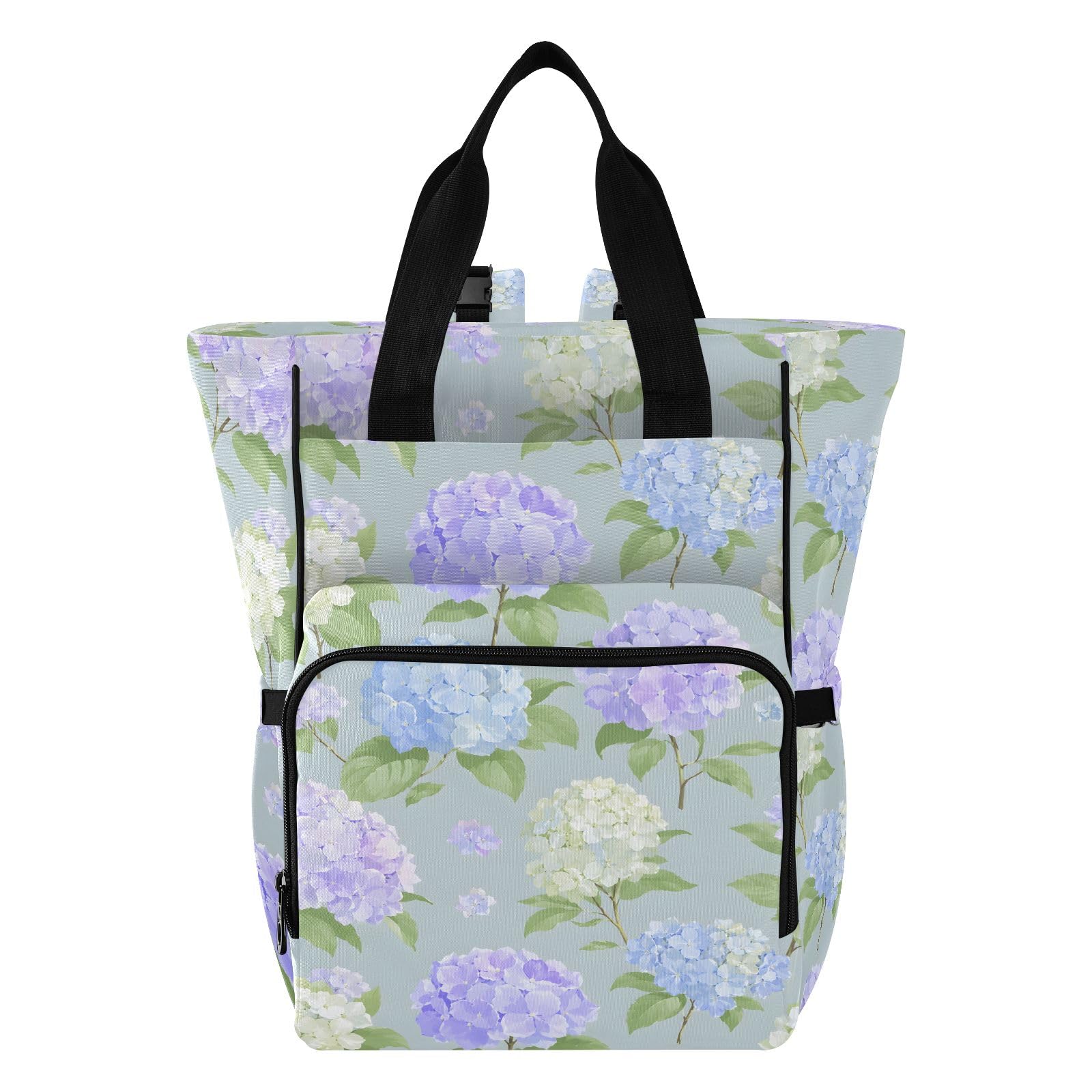 Mnsruu Zaino per pannolini per bambini con motivo ortensia blu grande borsa impermeabile per pannolini da viaggio per mamme e papà