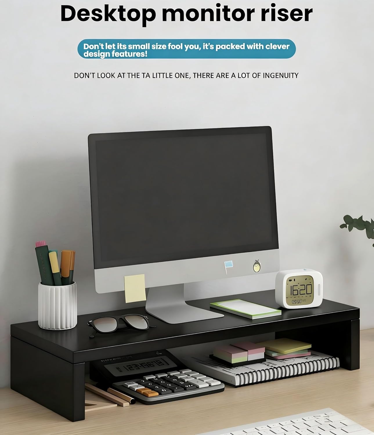 Wooden Monitor Stand Riser 1-Tier & 2-Tier, Ergonomic Desk Organizer with Keyboard Storage, Desktop Shelf for Computer Laptop iMac Printer, Home Office Desk Accessories (Black, Single-layer version)