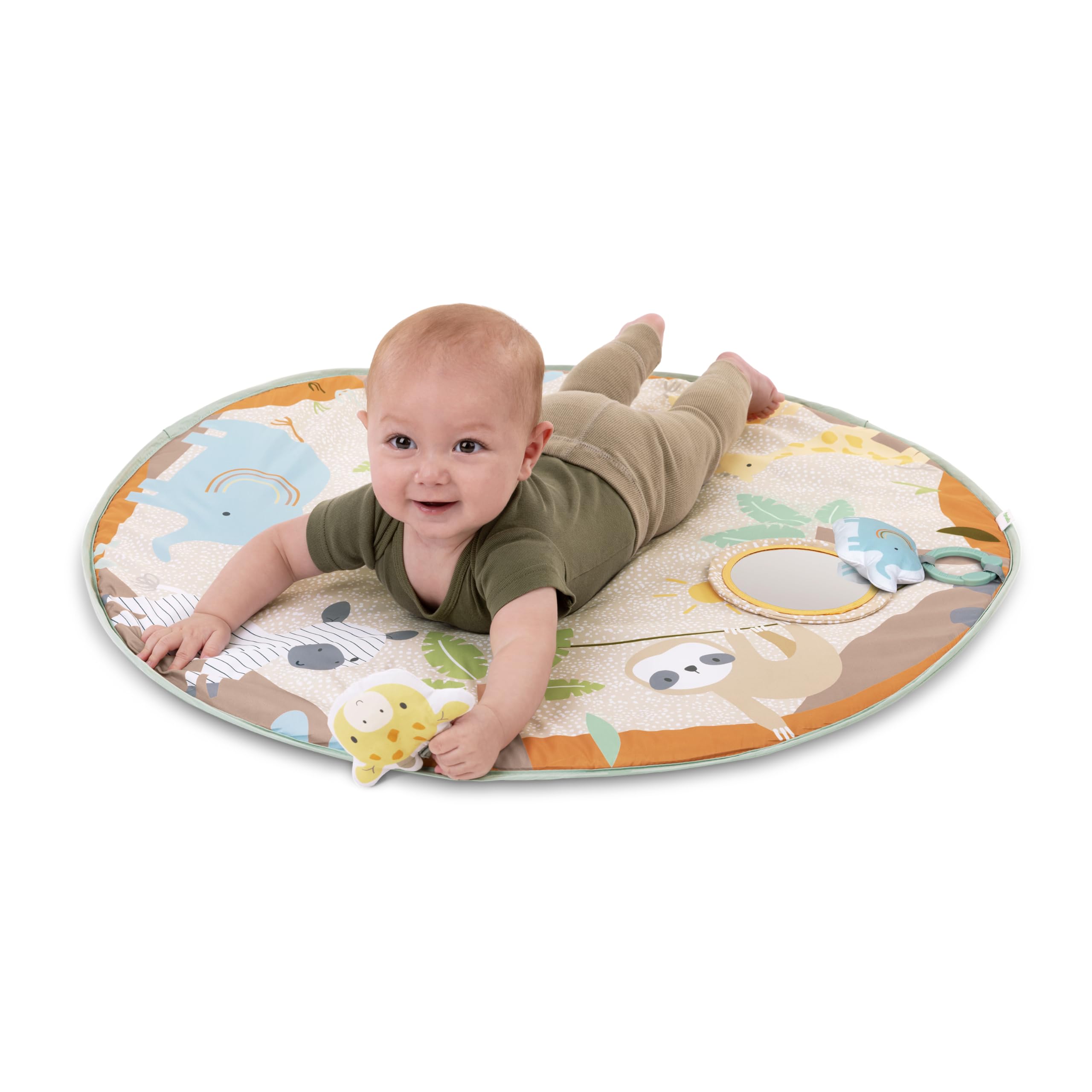 Ingenuity Wonder & Wood Alfombra de juego para bebé con arco de madera – Gimnasio plegable con barra en forma de A y 3 juguetes desmontables, alfombra lavable a máquina, 0 a 36 meses