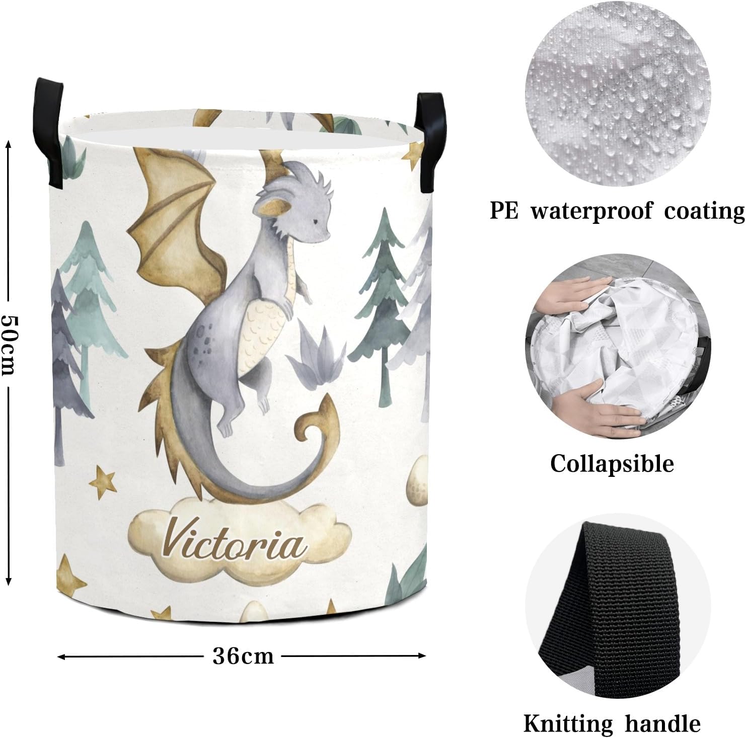 Cute Flying Baby Dragon Personalized Laundry Basket Custom Name Collapsible Waterproof Laundry Hamper Clothes with Handle for Bedroom Bathroom Nursery Decor