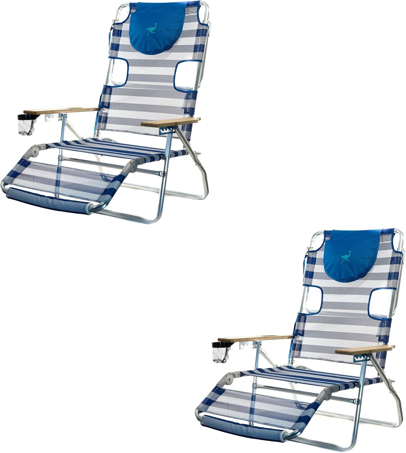 Ostrich 3-N-1 Lightweight Comfortable Aluminum Multi-Position Relaxing Reclining Beach Chair, Striped (2 Pack)