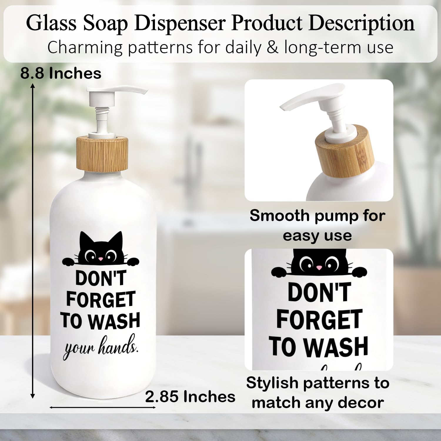 Black Cat Glass Hand Soap Dispenser, Don't Forget to Wash Your Hands Soap Dispenser for Bathroom, Black Cat Lover Mom Gifts Refillable Handsoap Pump Bottle for Bathroom Countertop