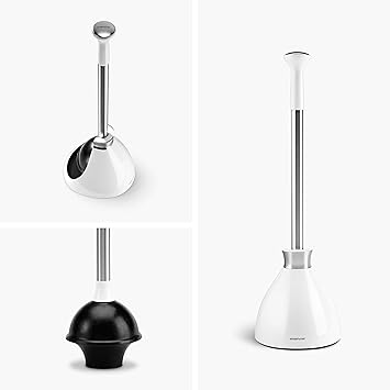 simplehuman Adjustable and Extendable Shower Caddy Plus, Stainless Steel and Anodized Aluminum & Toilet Plunger and Caddy, Stainless Steel, White