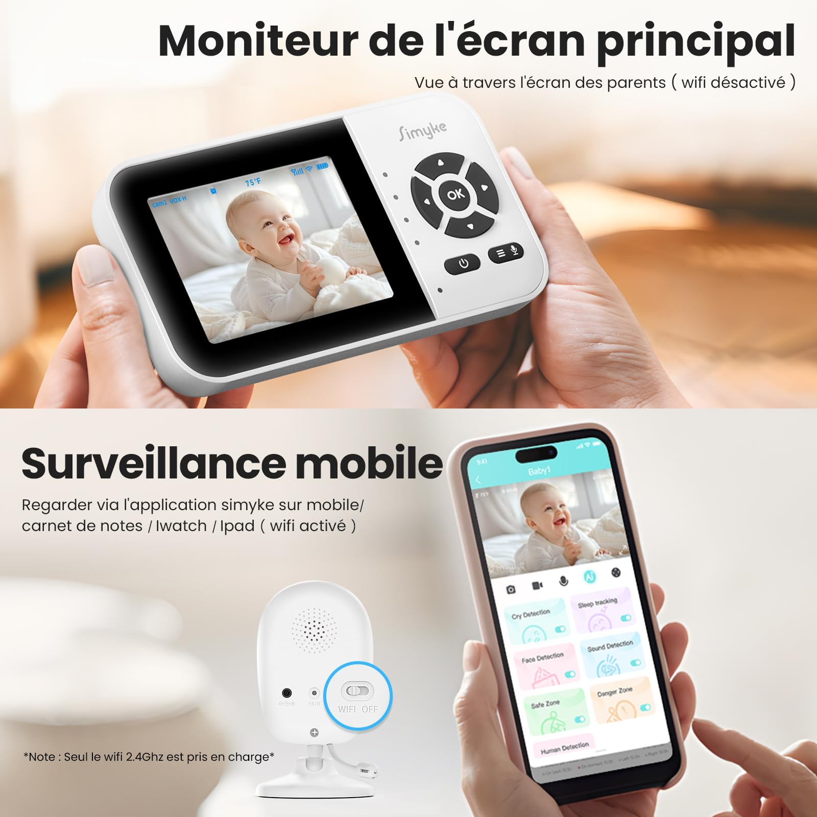 Simyke Moniteur Intelligent pour bébé, 2 caméras 1080p, Interrupteur Wi-FI Marche/arrêt, écran de 2,8" ou accès à Distance WiFi, Vision Nocturne, Longue portée de 450 m, Conversation bidirectionnelle