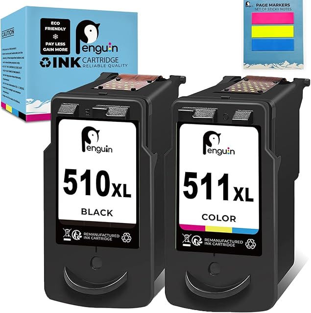 510 511 XL Penguin Remanufactured Printer Ink Cartridge Replacement for Canon PG-510XL CL-511XL 512XL 513XL (1 Black,1 Colour) for MP230 MP492 MP495(Special Edition Includes 1 Set of Sticky Notes)