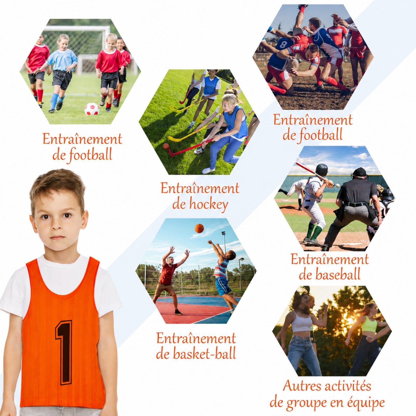 Lot de 24 Chasubles Enfant Numérotées – Gilets d’Entraînement en Maille pour Équipe Sportive, Maillots de Football Enfants pour Matchs, Basketball, Volleyball, Jeux Collectifs – Orange & Vert