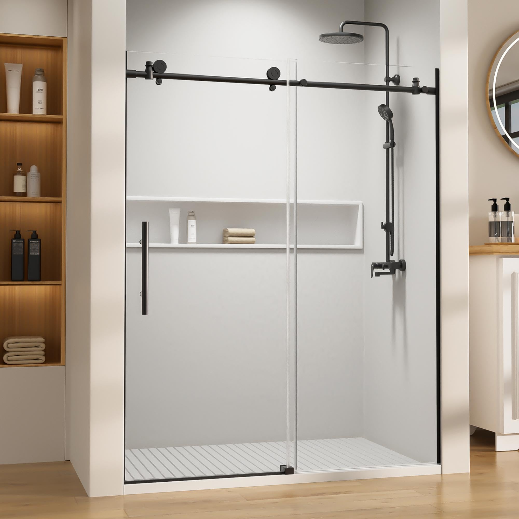 Frameless Sliding Shower Door, Glass & Metal, Matt Black, Single Sliding, Modern, 56-60" W x 74" H, 140 Pounds