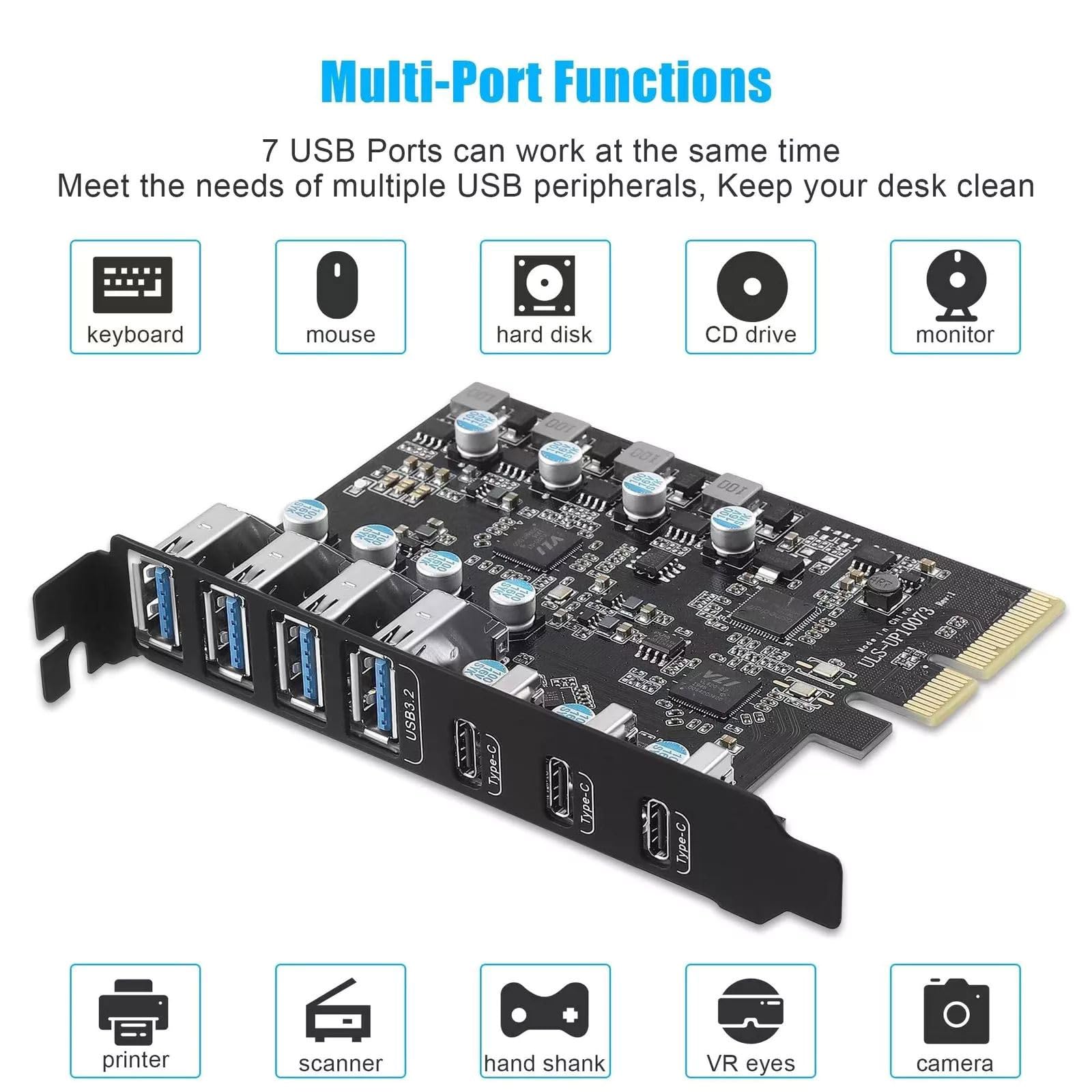 USB 3.0 Expansion Adapter Card, PC Computer 7-Ports PCIe to USB 3.2 Gen 2 Expansion Adapter Card