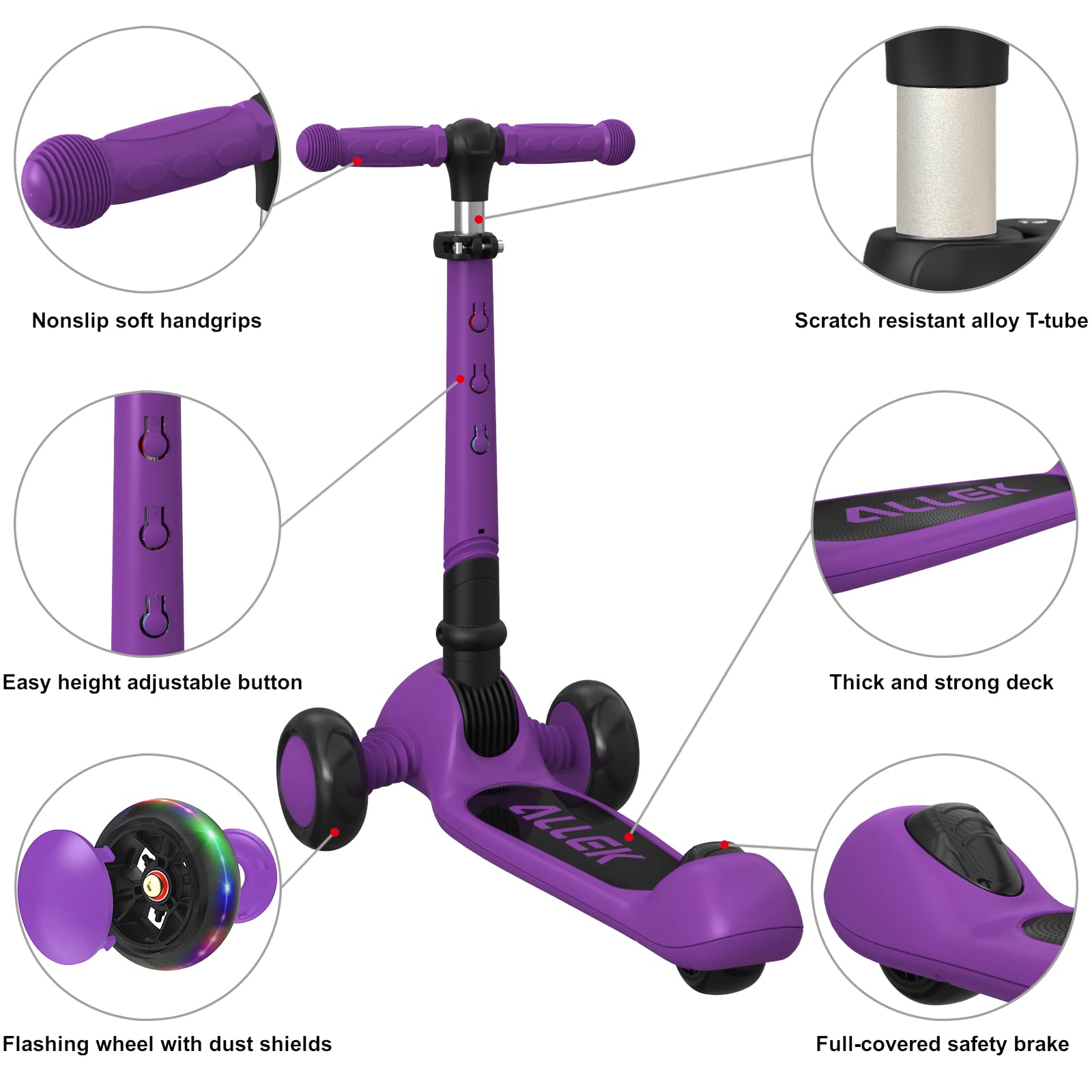 Allek Kick Scooter Foldable F02, 3-Wheel LED Flashing Glider and 4 Adjustable Height with Anti-Slip Thick Deck Push Scooter for Children 3-12yrs (Purple)