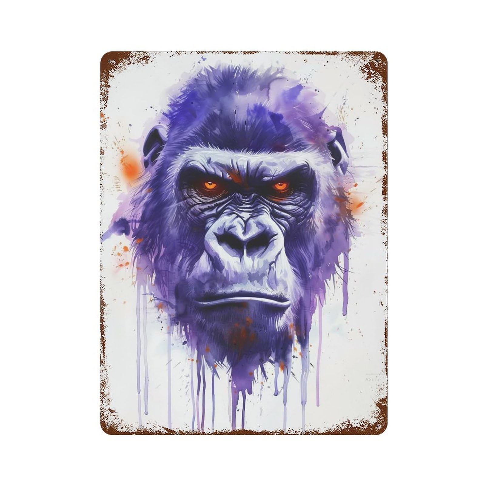 Rust Effect Gorilla Watercolor Weathered Tin Sign 15.7"x11.8", Shabby Chic Decor for Patio, Garden Room And Bar Decor