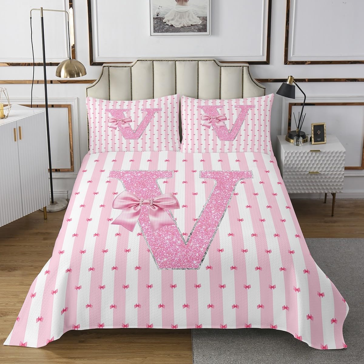 Erosebridal Cute Bowknot Coverlet Set Queen Size Monogrammed X Quilt Set Pink Glitter Bow Bedspread Sets for Kids Teens Adult Bedroom Kawaii Princess Bedding Set