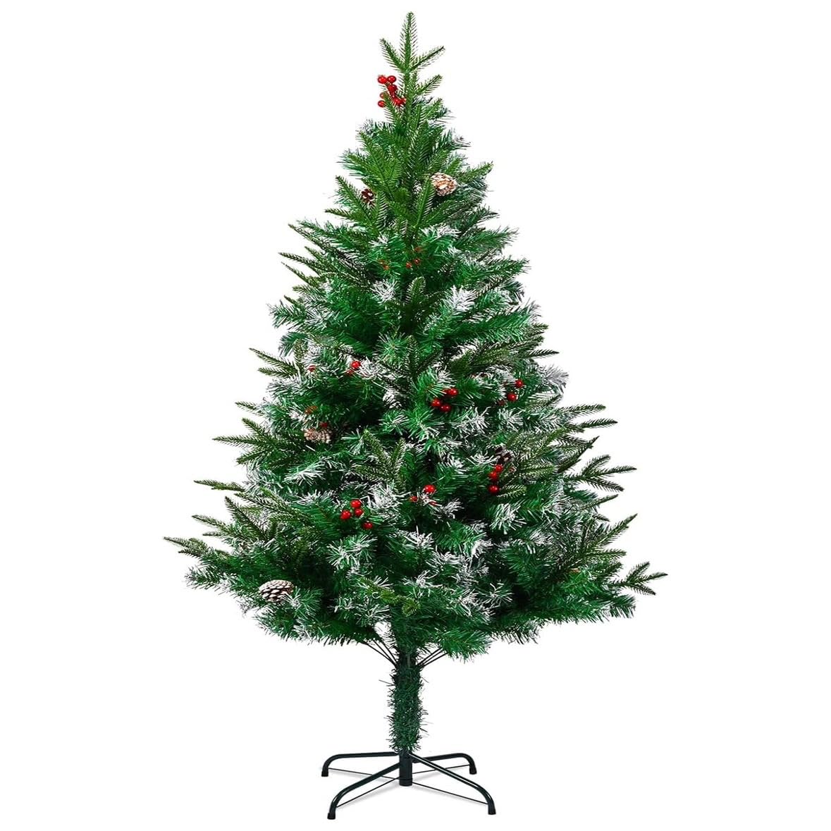 Pre-Lit Artificial 6ft Christmas Tree, Xmas Tree with Red Berries and 25 Pine Cones Party Decoration with Beautiful Xmas Stackable Tree Perfect for Indoor and Outdoor Holiday Decoration