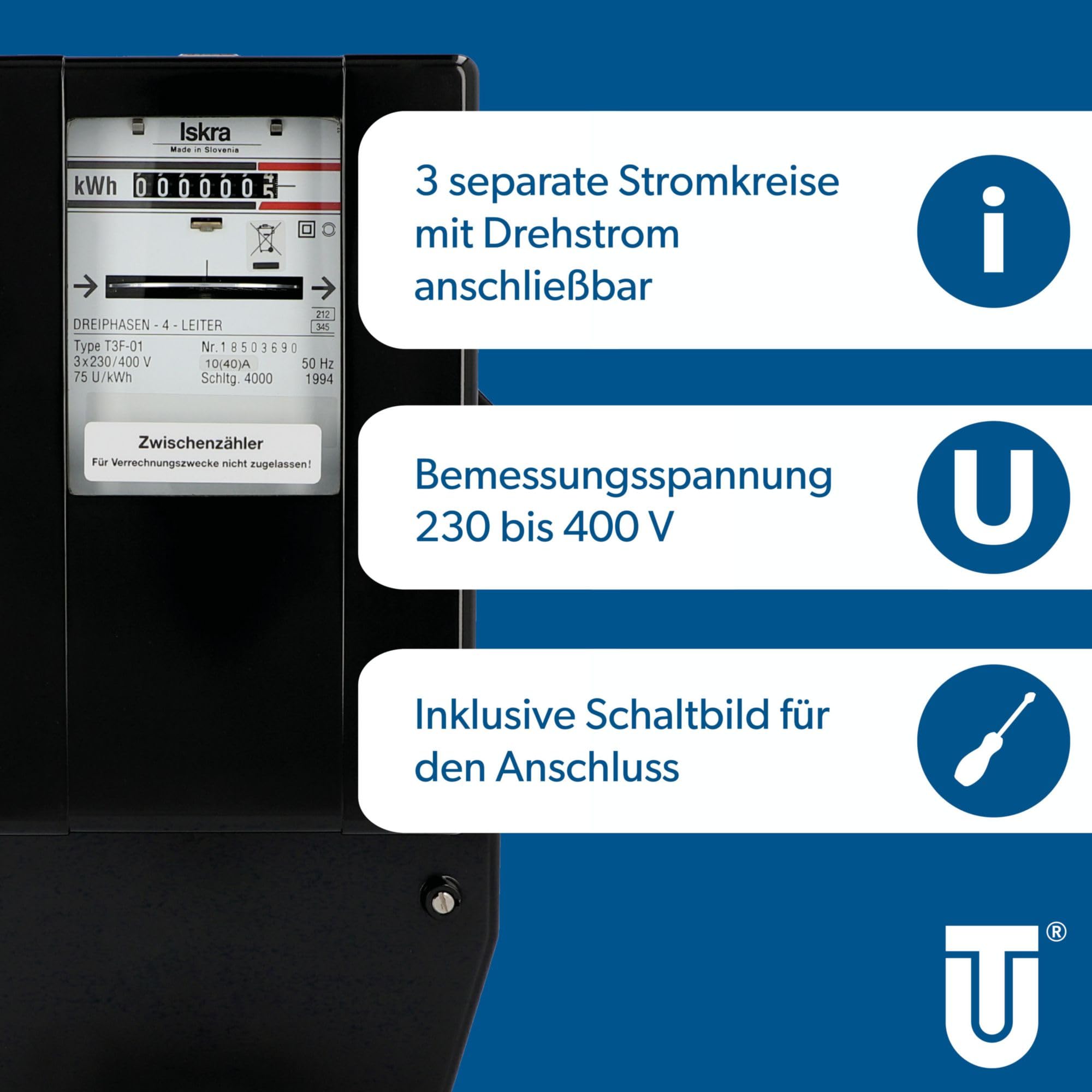 UNITEC Drehstrom-Zwischenzähler | generalüberholt | für interne Verbrauchsmessung | max. 40 A | analoge Anzeige | Bemessungsspannung 230–400 V | mit Deckel & Schaltbild | kompakt 295x160x190 mm