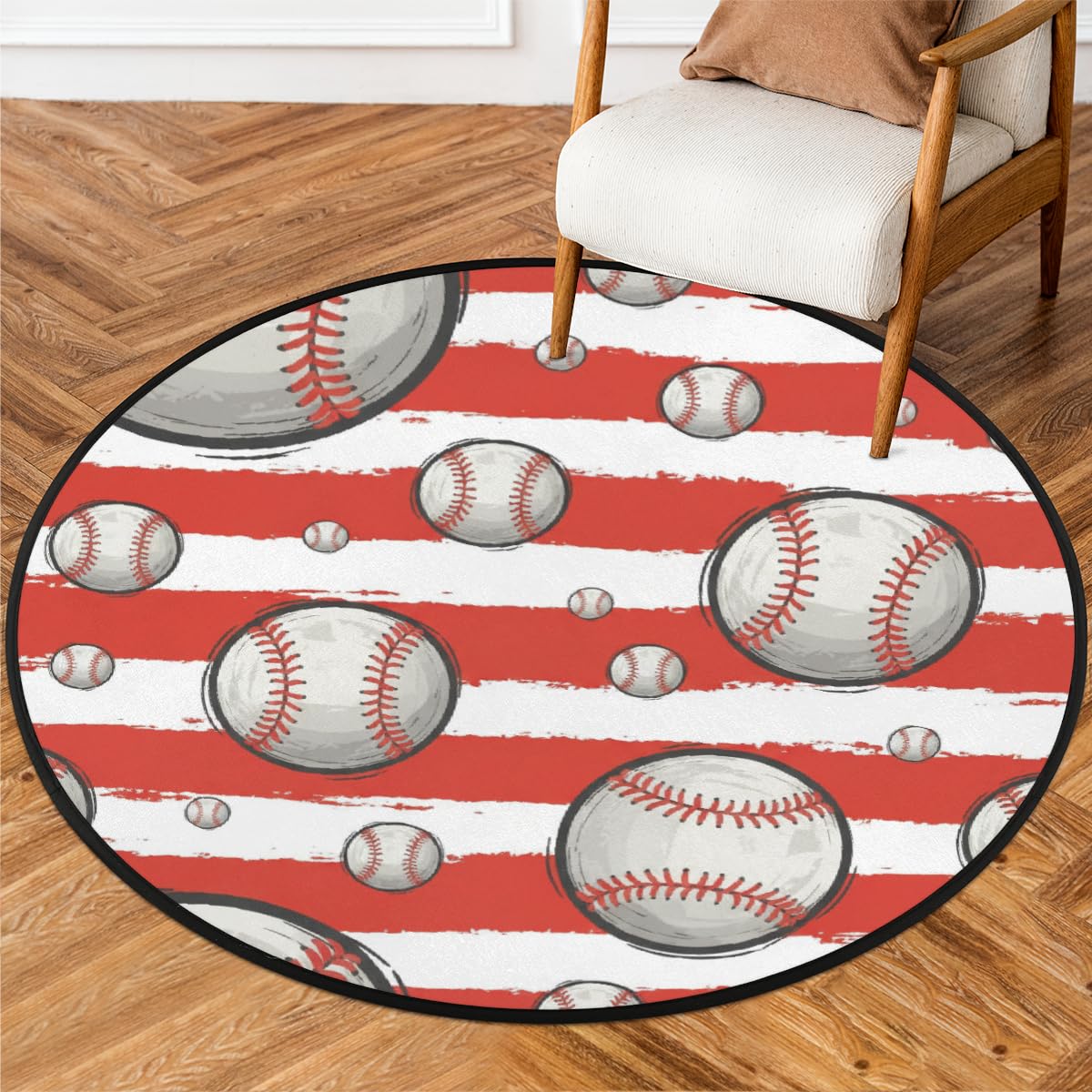 Tapis rond lavable anti-glisse style baseball déco esthétique salon